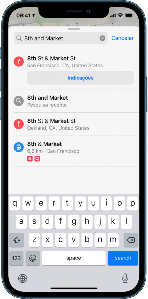 A ficha de pesquisa a mostrar a pesquisa pela frase “8th and Market” e vários resultados.