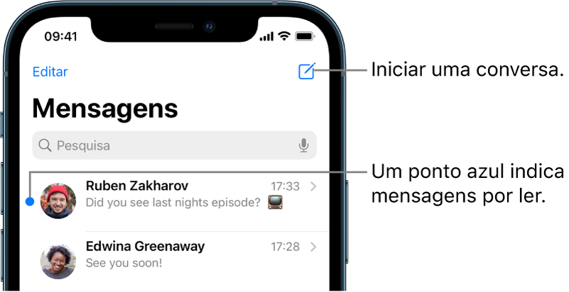 A lista de mensagens, o botão Editar no canto superior esquerdo e o botão para escrever mensagem no canto superior direito. Um ponto azul à esquerda de uma mensagem indica que esta não foi ainda lida.