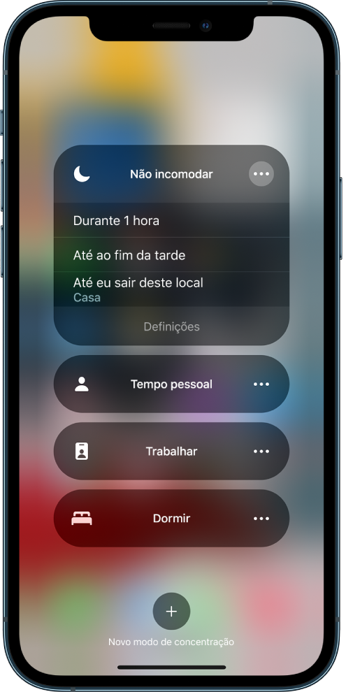 O ecrã para escolher durante quanto tempo “Não incomodar” fica ativo. As opções são “Durante 1 hora”, “Ativar até ao fim da tarde” e “Até eu sair deste local”.