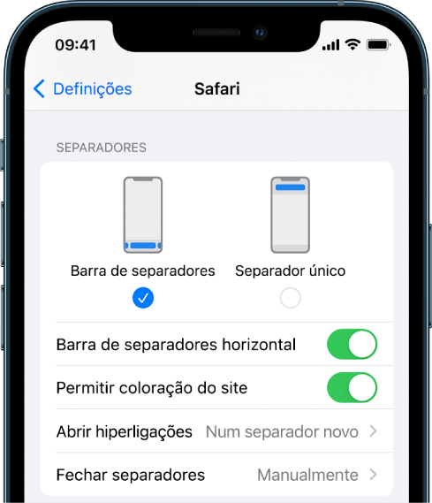 Um ecrã com duas possíveis disposições do Safari: Barra de separadores e Separador único.