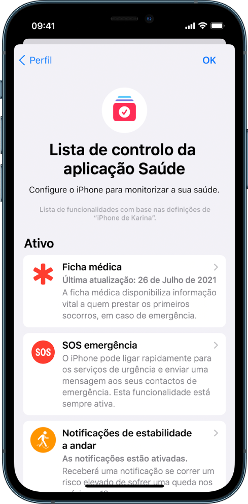 O ecrã “Lista de controlo da aplicação Saúde” a mostrar a ficha médica e “SOS emergência” ativado.