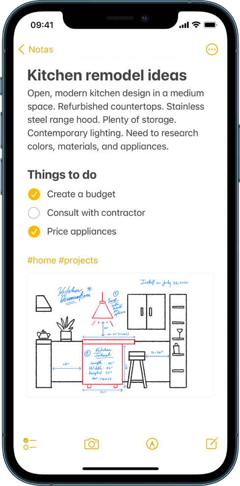 Uma nota com ideias para redecorar a cozinha e uma lista de afazeres. Existem botões para colaborar com outras pessoas na nota e para partilhar a nota. Na parte inferior existem botões para apagar a nota, adicionar uma lista de controlo, adicionar uma fotografia, mostrar ferramentas de escrita e criar uma nota nova.