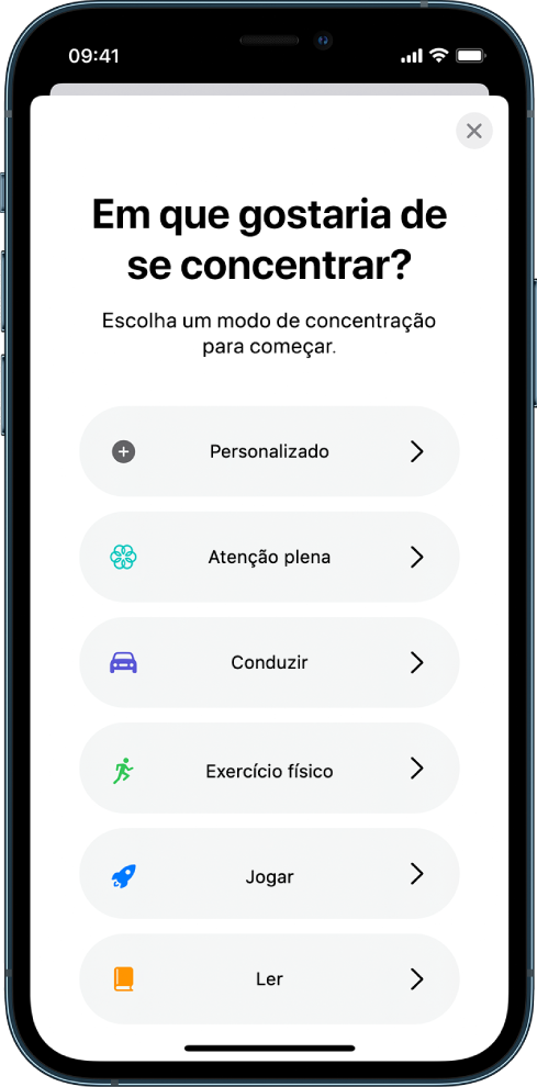 O ecrã de configuração do modo de concentração com as seguintes opções: Personalizado, Conduzir, Exercício físico, Jogar, Atenção plena e Ler.