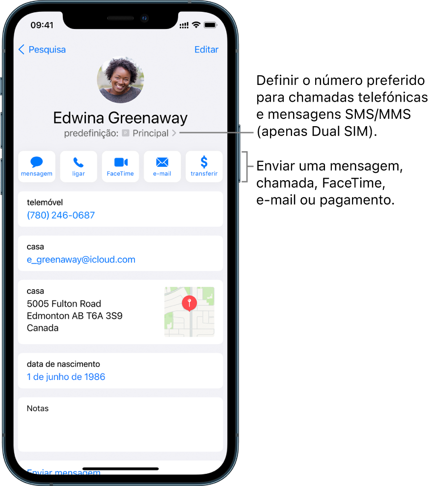 Ecrã de informação relativo a um contacto. Nome e fotografia do contacto no topo. Em baixo, botões para enviar uma mensagem, efetuar uma chamada telefónica, efetuar uma chamada FaceTime, enviar uma mensagem de e‑mail e enviar dinheiro com Apple Pay. Por baixo dos botões encontra‑se a informação do contacto.