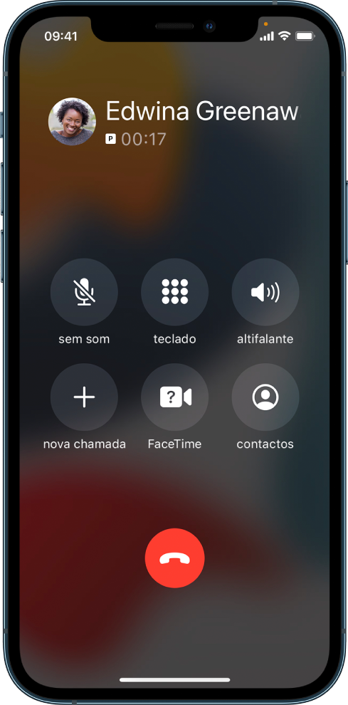 O ecrã da aplicação Telefone a mostrar botões para as opções durante uma chamada. Na parte superior do ecrã, da esquerda para a direita, os botões para tirar o som, do teclado e coluna. Em baixo, da esquerda para a direita, os botões adicionar chamada, FaceTime e contactos.