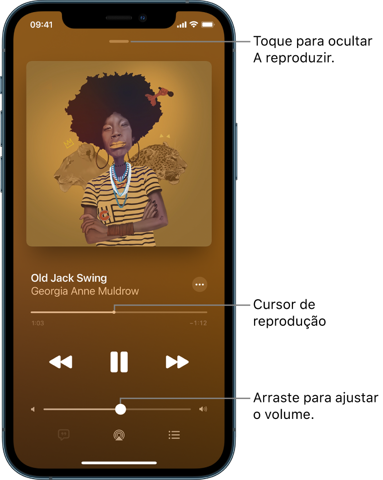 O ecrã “A reproduzir” com o grafismo do álbum. Por baixo estão o título da música, o nome do intérprete, o botão Mais, o cursor de reprodução, os controlos de reprodução, o nivelador de volume, o botão Letra, o botão Destino da reprodução e o botão Fila. O botão “Ocultar a reproduzir” está na parte superior.