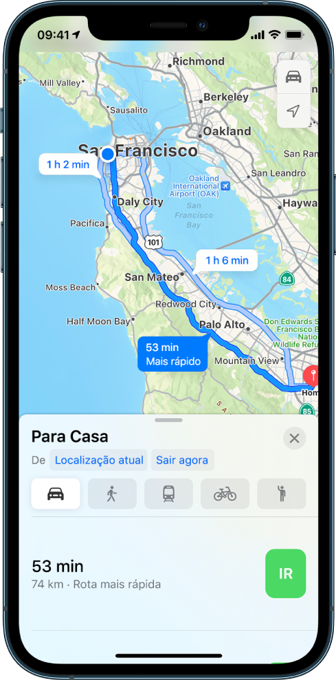 Um mapa de um itinerário de carro com o botão Ir na parte inferior.