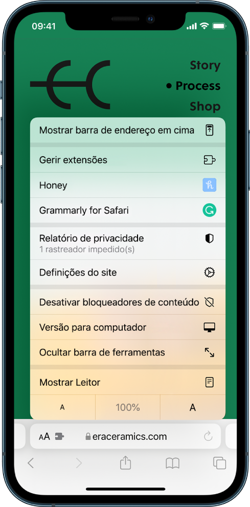 O menu de definições da página. Na parte superior está a opção “Mostrar barra de endereço em cima”. Por baixo está a opção “Gerir extensões” seguida das extensões instaladas: Honey e Grammarly para Safari.