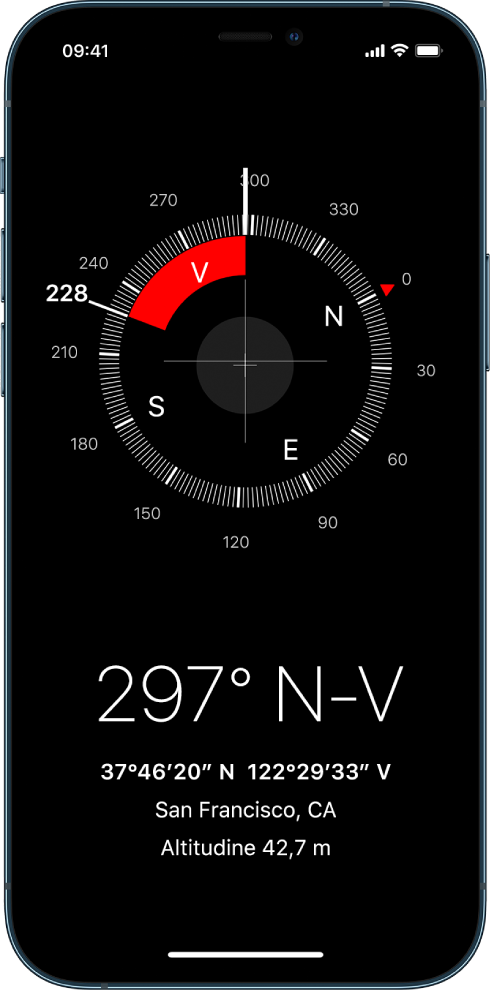 Ecranul Busolă indicând direcția în care este îndreptat iPhone-ul, localizarea și altitudinea dvs. curente.