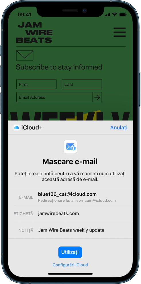 În jumătatea inferioară a ecranului este opțiunea Mascare e-mail pentru iCloud+. Aceasta include adresa de e‑mail generată aleatoriu, adresa de redirecționare, o etichetă și o notiță. În partea de jos a ecranului se află butonul Utilizați și linkul către configurările iCloud.