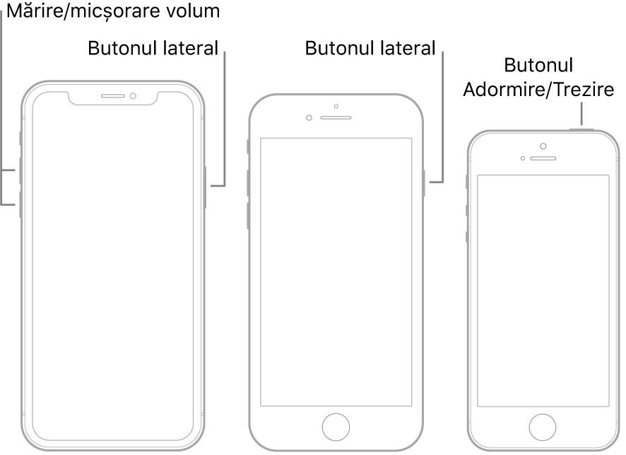 Ilustrații cu trei modele diferite de iPhone, toate cu ecranele îndreptate în sus. Ilustrația din stânga prezintă butoanele de mărire și de micșorare a volumului de pe partea stângă a dispozitivului. Butonul lateral este afișat în partea dreaptă. Ilustrația din mijloc prezintă butonul lateral din dreapta dispozitivului. Ilustrația din dreapta prezintă butonul Adormire/Trezire din partea de sus a dispozitivului.