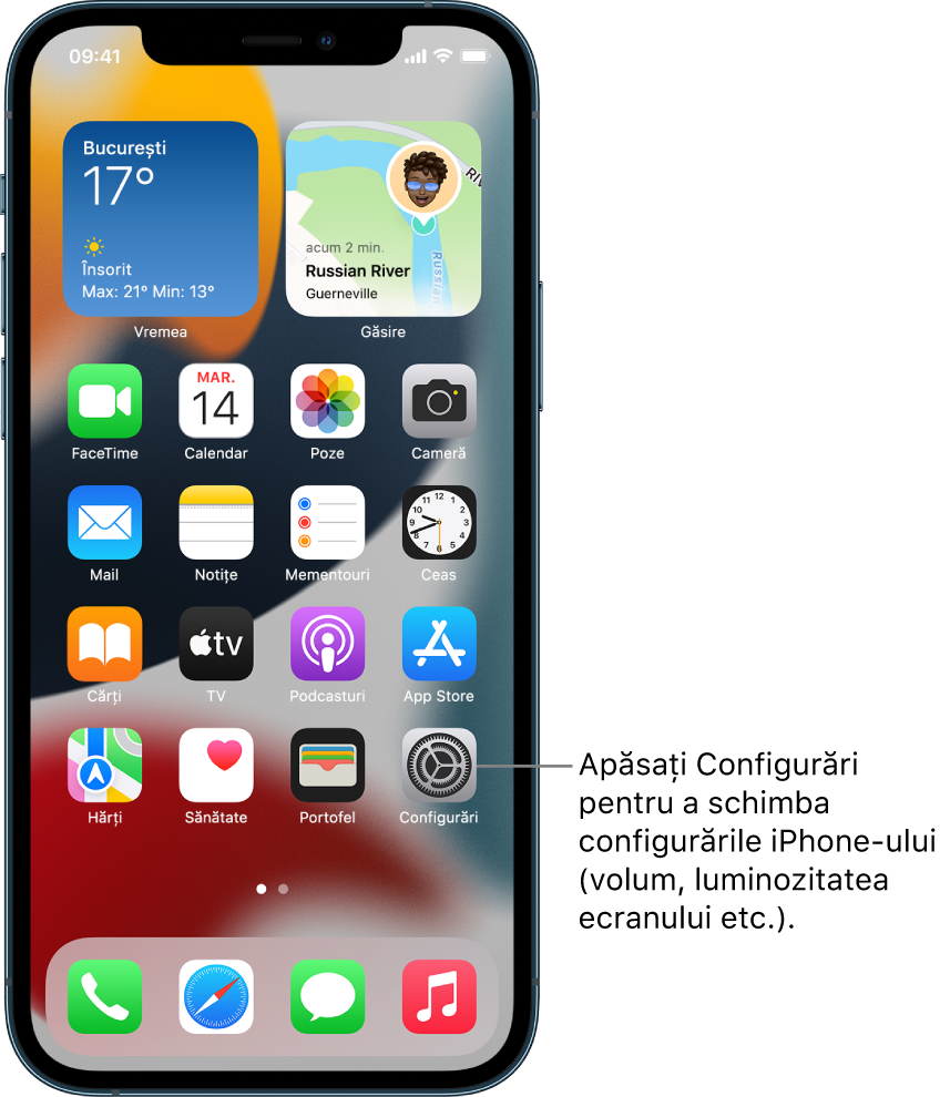 Ecranul principal cu mai multe pictograme de aplicații, inclusiv pictograma aplicației Configurări, pe care o puteți apăsa pentru a modifica volumul sunetelor, luminozitatea ecranului iPhone-ului etc.