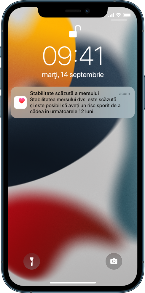 Ecranul de blocare cu o notificare Stabilitate scăzută a mersului.