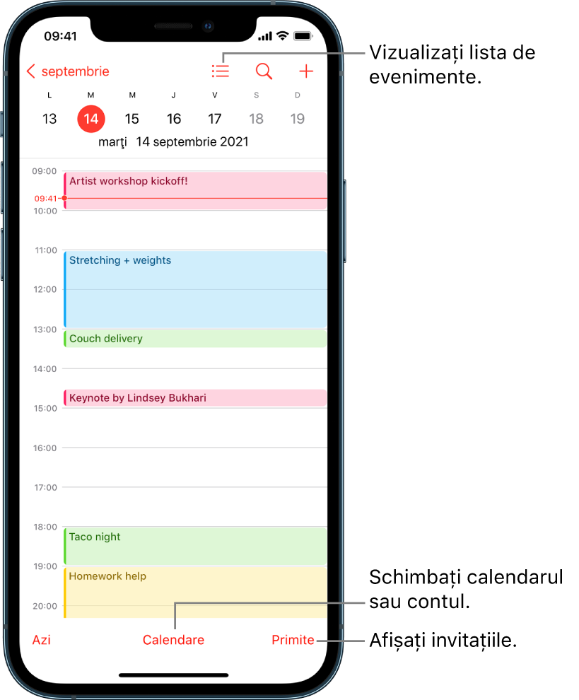 Un calendar în vizualizarea zilei, afișând evenimentele zilei. Butonul Calendare din partea de jos a ecranului vă permite să schimbați contul de calendar. Butonul Primite din dreapta jos vă permite să vedeți invitațiile.