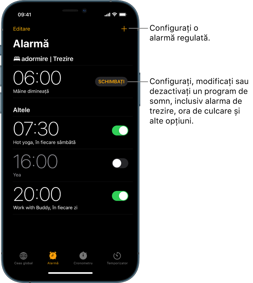 Fila Alarmă, afișând patru alarme configurate pentru diferite ore, butonul de configurare a unei alarme regulate în dreapta sus și alarma de trezire cu un buton pentru schimbarea programului de somn din aplicația Sănătate.