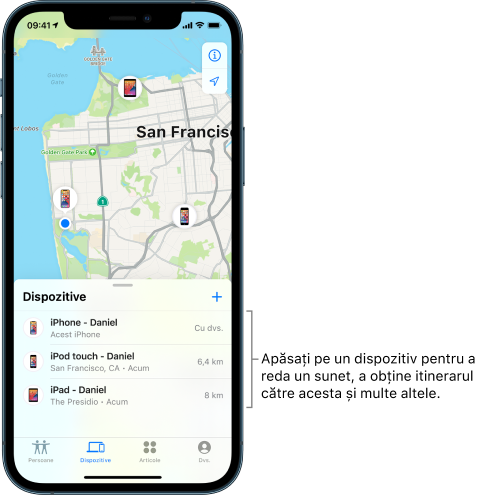 Ecranul Găsire deschis în lista Dispozitive. Există trei dispozitive în lista Dispozitive: iPhone - Daniel, iPod touch - Daniel și iPad - Daniel. Localizările lor sunt afișate pe o hartă a orașului San Francisco.