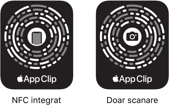 În stânga, un cod App Clip integrat în NFC cu pictograma unui iPhone în centru. În dreapta, un cod App Clip doar pentru scanare cu pictograma unei camere în centru.