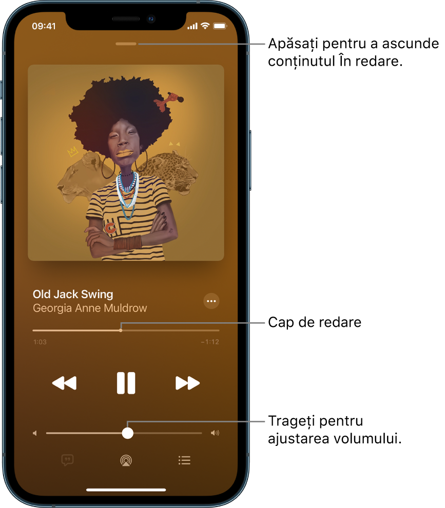 Ecranul În redare afișând ilustrația albumului. Dedesubt se află titlul melodiei, numele artistului, butonul Altele, capul de redare, comenzile de redare, glisorul de volum, butonul Versuri, butonul Destinație redare și butonul La rând. Butonul de ascundere a ecranului În redare este în partea de sus.