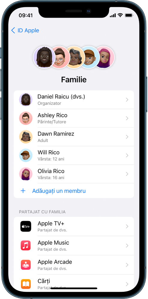 Ecranul Partajare familială în Configurări. Sunt listați cinci membri ai familiei, iar patru abonamente sunt partajate în familie.
