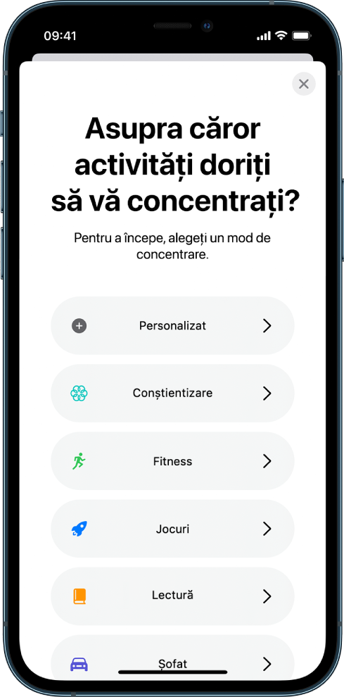 Ecranul de configurare Concentrare, cu următoarele opțiuni Concentrare, de sus în jos: Personalizat, Șofat, Fitness, Jocuri, Conștientizare și Lectură.