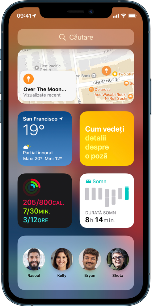 Widgetul Hărți și alte widgeturi pe ecranul unui iPhone.