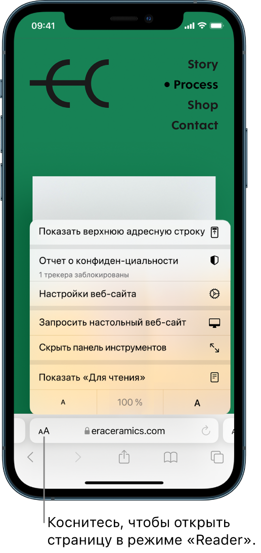 Меню параметров страницы. Внизу меню находится параметр «Показать "Для чтения"».