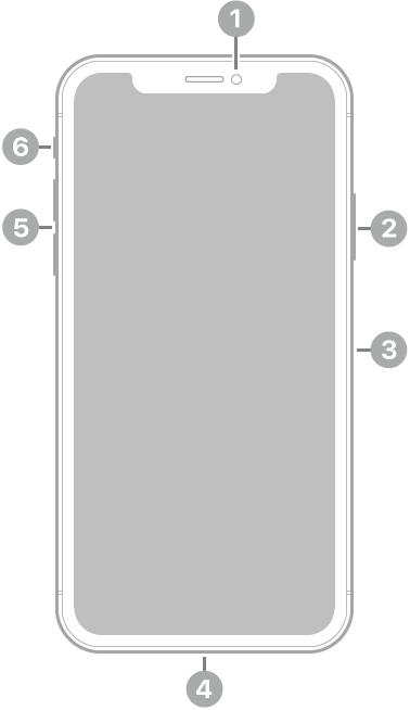 Передняя сторона iPhone XS. Передняя камера расположена вверху по центру. На правой стороне расположены (сверху вниз): боковая кнопка и лоток для SIM‑карты. Разъем Lightning расположен снизу. На левой стороне расположены (снизу вверх): кнопки регулировки громкости и переключатель «Звонок/Бесшумно».