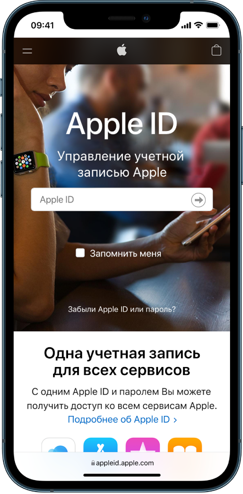 Экран Safari, на котором показана форма входа в учетную запись Apple ID.