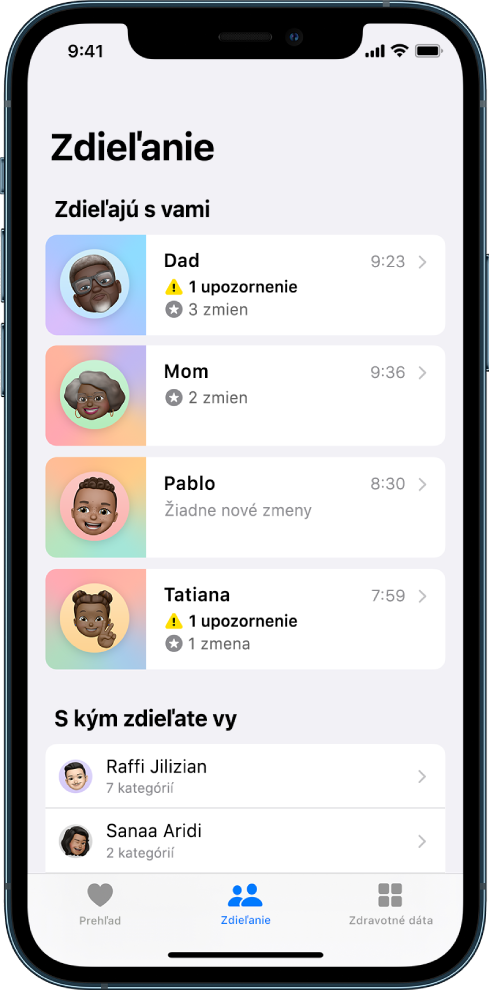 Obrazovka Zdieľanie v apke Zdravie. Uprostred obrazovky sa hore zobrazuje zoznam kontaktov „Zdieľajú s vami“ s informáciami ako Upozornenie, Zmeny a Žiadne nové zmeny. Pod ním je zoznam kontaktov S kým zdieľate vy. Pod každým kontaktom je počet tém, ktoré sa zdieľajú s daným kontaktom. V dolnej časti obrazovka sa zľava doprava nachádzajú tlačidlá Zhrnutie, Zdieľanie a Prechádzať. Je vybratá možnosť Zdieľanie.