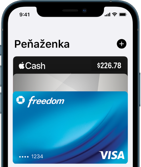 Vrchná časť obrazovky Peňaženky zobrazujúca niekoľko kreditných a debetných kariet. Vpravo hore sa nachádza tlačidlo Pridať.