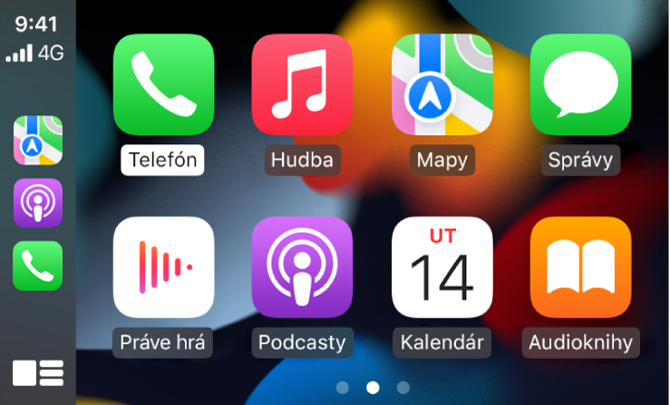 Plocha CarPlay zobrazujúca ikony iPhonu, Hudby, Máp, Správ, Práve hrá, Podcastov, Audiokníh a Kalendára.