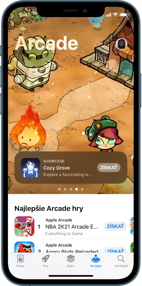 Obrazovka Arcade v App Store so zobrazenou hrou hore a zoznamom najlepších hier z Arcade uprostred. V dolnej časti sa zľava doprava nachádzajú taby Dnes, Hry, Apky, Arcade a Vyhľadať.