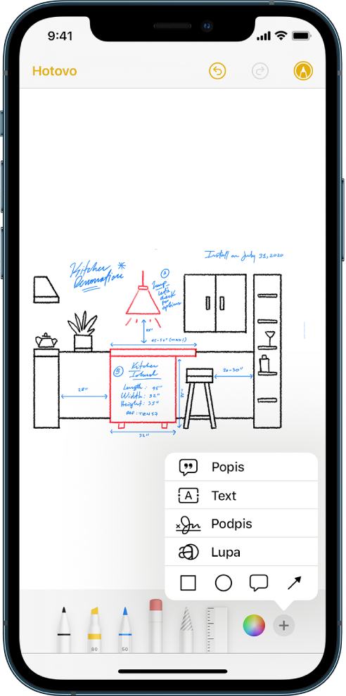 Apka Poznámky s anotovaným plánom renovácie kuchyne. Panel s nástrojmi Značky s nástrojmi na kreslenie a výberom farby sa nachádzajú v spodnej časti obrazovky. V pravom dolnom rohu je menu, ktoré obsahuje možnosti na pridanie textu, popisu, podpisu, lupy a tvarov.