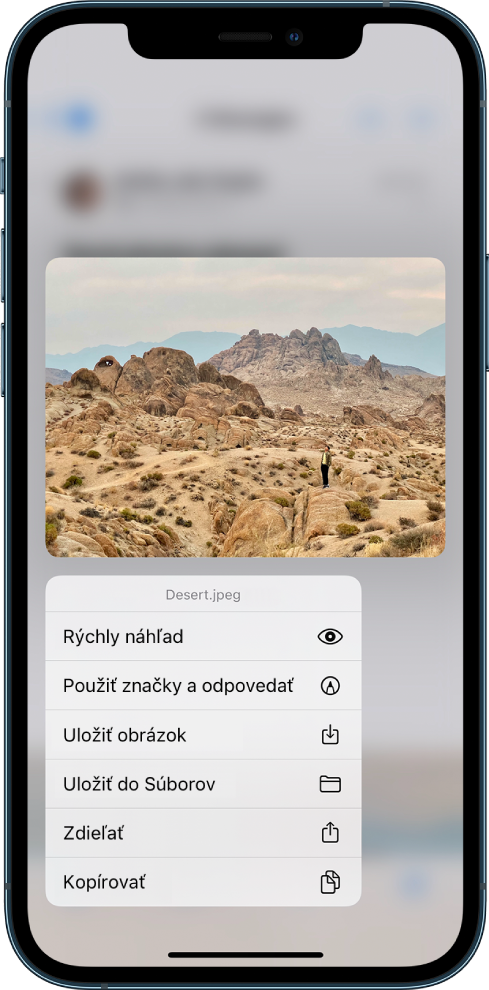 Po výbere prílohy emailu sa zobrazí zoznam možných akcií s možnosťami Rýchly náhľad, Použiť značky a odpovedať, Uložiť obrázok, Uložiť do Súborov, Zdieľať a Kopírovať.