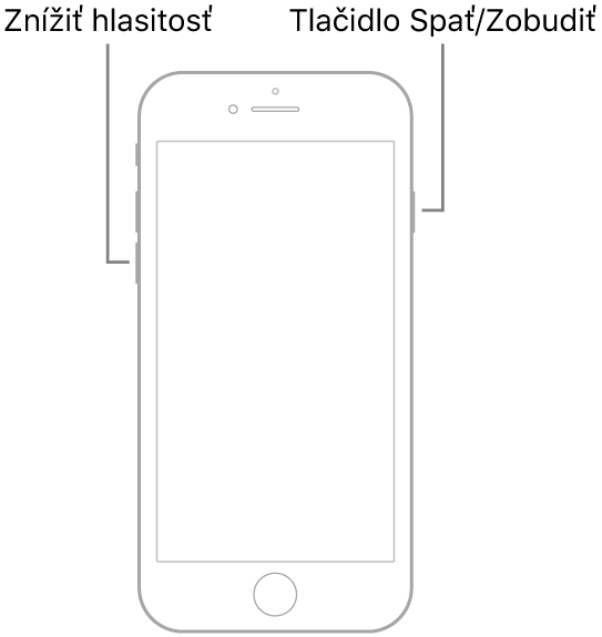 Ilustrácia iPhonu 7 otočeného obrazovkou nahor. Na ľavej strane zariadenia sú znázornené tlačidlá na zvýšenie a zníženie hlasitosti a na pravej strane je znázornené tlačidlo Spať/Zobudiť.