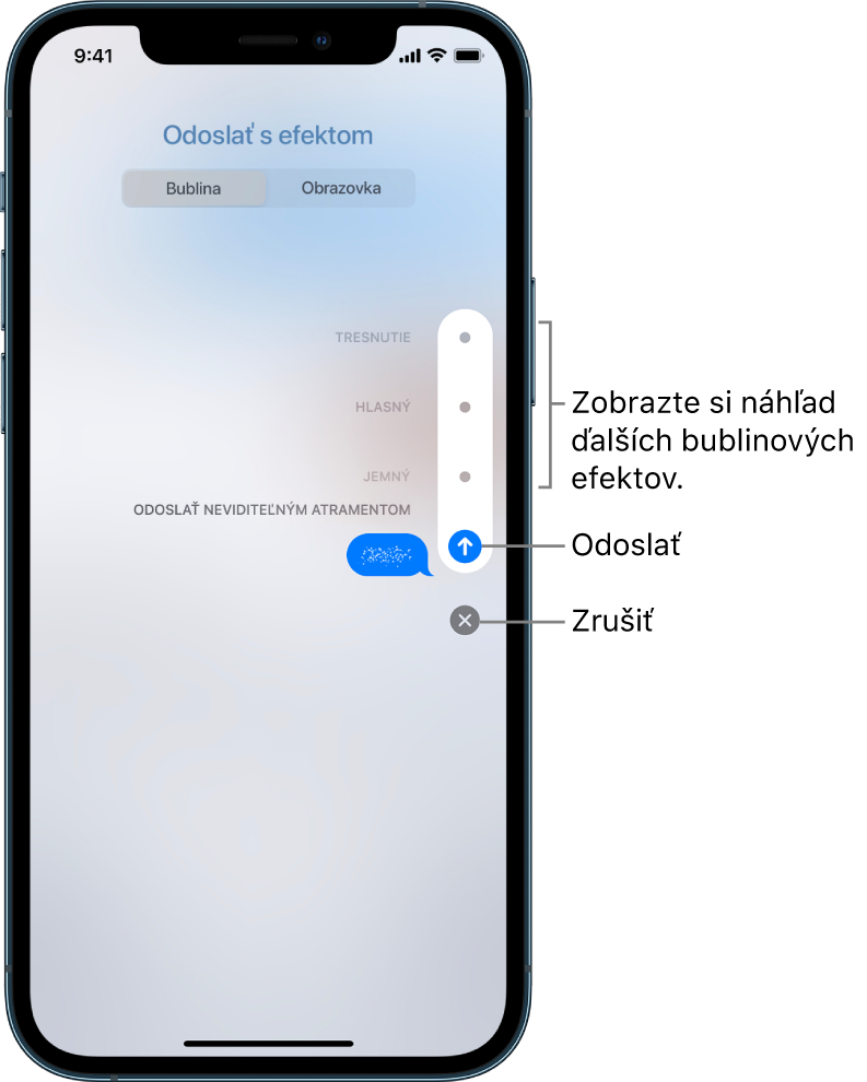 Náhľad správy s efektom neviditeľného atramentu. Klepnutím na ovládacie prvky na pravej strane môžete zobraziť náhľad ďalších efektov bubliny. Ďalším klepnutím na rovnaký ovládací prvok efekt odošlete, klepnutím na tlačidlo Zrušiť v dolnej časti sa vrátite do správy.