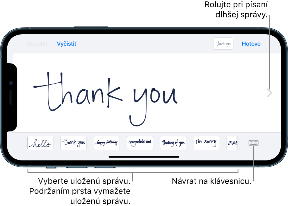 Obrazovka na písanie rukou s ručne napísanou správou. V dolnej časti sú zľava doprava rozmiestnené uložené správy a tlačidlo Zobraziť klávesnicu.