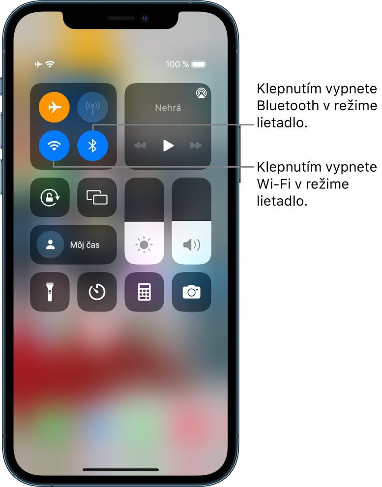 Ovládacie centrum zo zapnutým režimom Lietadlo. Skupina ovládacích prvkov vľavo hore obsahuje tlačidlá Wi-Fi (vľavo dole) a Bluetooth (vpravo dole).