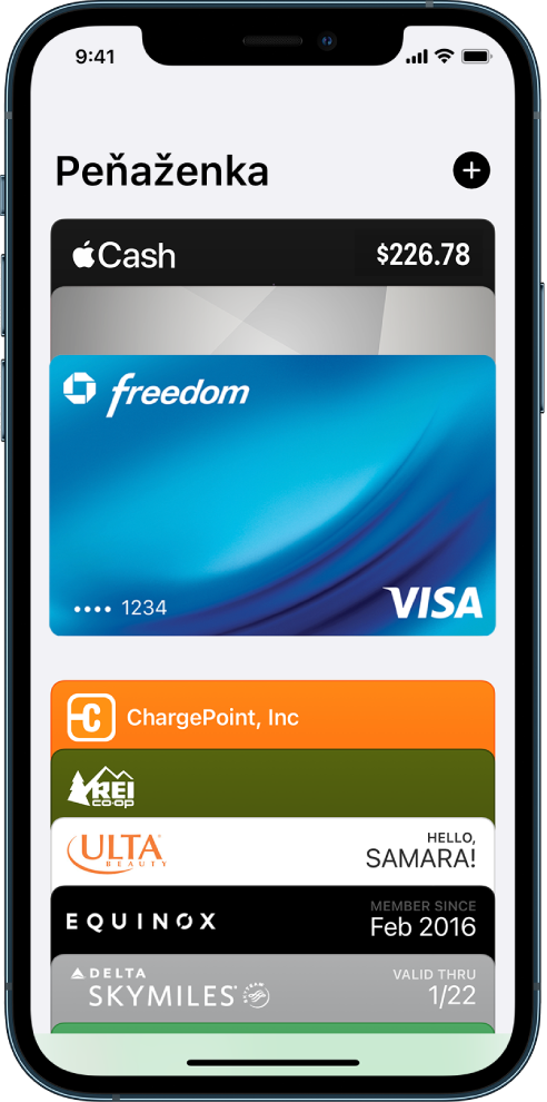 Obrazovka apky Peňaženka zobrazujúca predné strany niekoľkých kreditných a debetných kariet a lístkov.