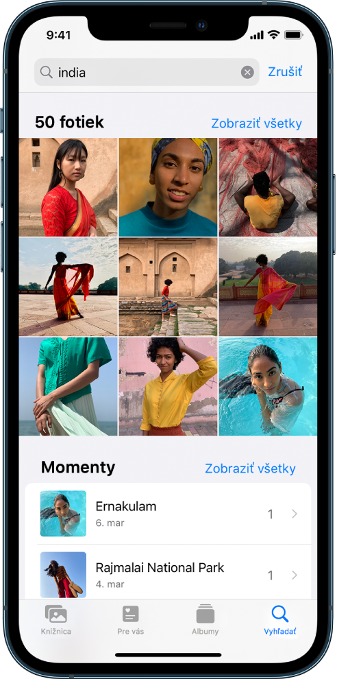 Obrazovka Vyhľadať vyplnená návrhmi fotiek nájdených po zadaní slova „India“ do vyhľadávacieho poľa v hornej časti obrazovky