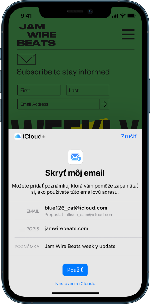 V dolnej polovici obrazovky sa nachádza možnosť Skryť môj email pre iCloud+. Je tu uvedený náhodne vygenerovaný email, adresa na preposielanie, označenie a poznámka. V dolnej časti obrazovky je tlačidlo Použiť a odkaz na nastavenia iCloudu.