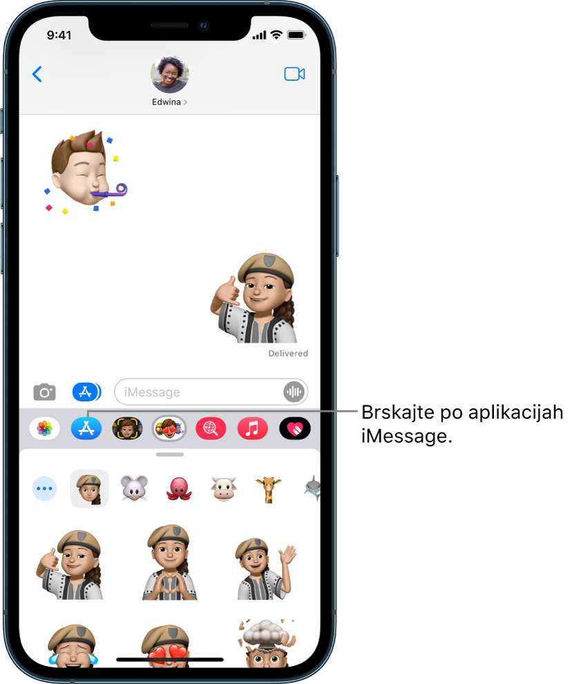 Pogovor v aplikaciji Messages z izbranim gumbom iMessage App Browser. Odprti predal z aplikacijami prikazuje nalepke s smeški.