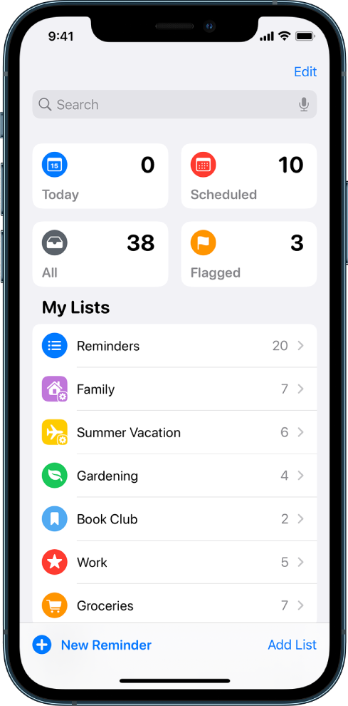 Zaslon prikazuje več seznamov v aplikaciji Reminders. Iskalno polje se prikaže na vrhu nad seznami Smart Lists za danes zapadle opomnike, načrtovane opomnike, vse opomnike in označene opomnike. Gumb Add List je spodaj desno.