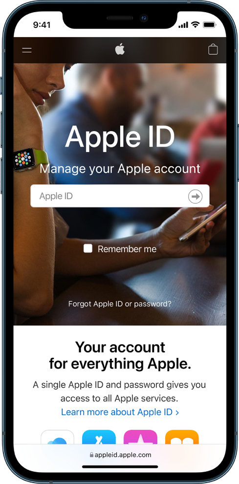 Zaslon Safari za vpis v račun Apple ID.