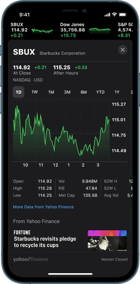 Na sredini zaslona je grafikon, ki prikazuje vrednost delnice v obdobju enega dneva. Nad grafikonom so gumbi za prikaz vrednosti delnice glede na obdobje enega dneva, enega tedna, enega meseca, treh mesecev, šest mesecev, enega leta, dveh let in petih let. Pod grafikonom so prikazane podrobnosti delnice, npr. izhodiščna cena ter visoka, nizka in tržna kapitalizacija. Na dnu zaslona je zgodba iz Apple News.