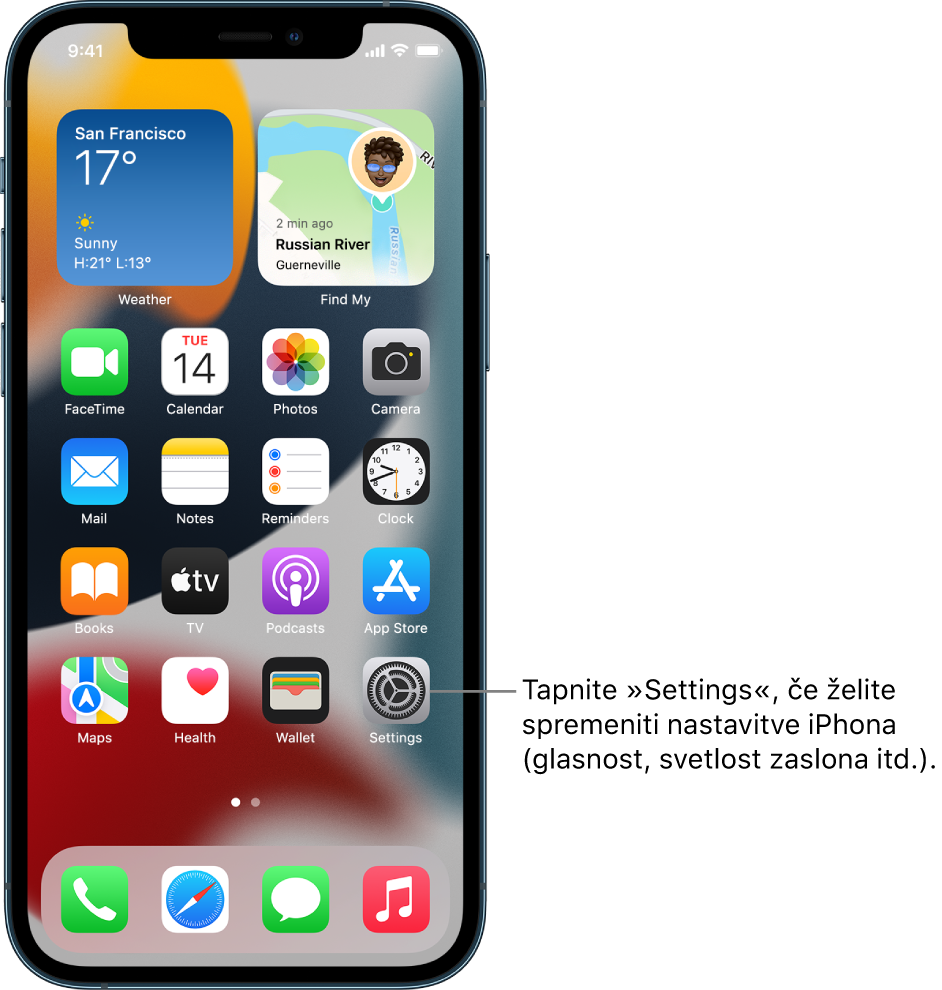 Domači zaslon z več ikonami aplikacij, vključno z ikono aplikacije Settings, ki jo lahko tapnete, da spremenite glasnost, svetlost zaslona in druge nastavitve v iPhonu.
