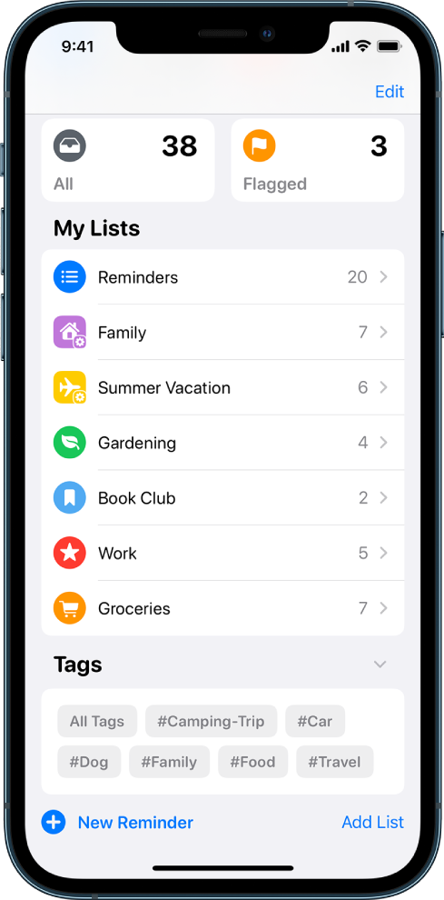 Zaslon prikazuje več seznamov v aplikaciji Reminders. Možnost Tag Browser je na dnu.