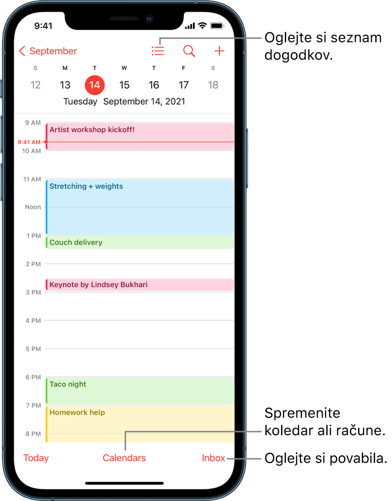 Koledar v dnevnem pogledu, ki prikazuje dogodke določenega dne. Gumb Calendars na spodnjem delu zaslona vam omogoča spreminjanje računov koledarja. Z gumbom Inbox v spodnjem desnem kotu zaslona, si lahko ogledate vabila.