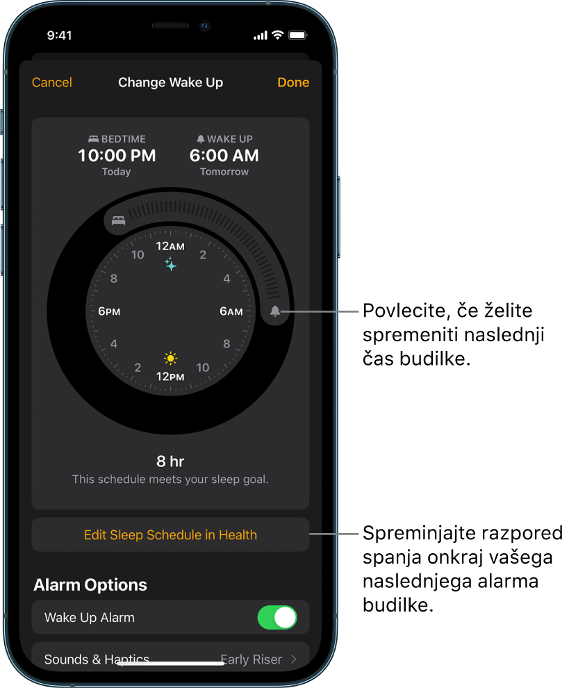 Zaslon za spremembo jutrišnjega alarma za bujenje z gumbi za spremembo časa za spanje in bujenje, gumbom za spremembo urnika spanja v aplikaciji Health in gumb za vklop ali izklop alarma za bujenje.