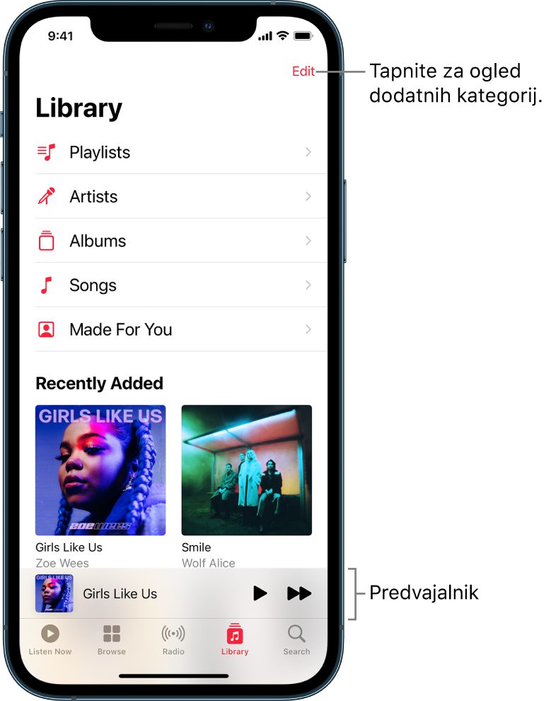 Zaslon Library prikazuje seznam kategorij, vključno s Playlists, Artists, Albums in Songs. Pod seznamom se prikaže naslov Recently Added. Predvajalnik prikazuje naslov predvajane pesmi, gumba Play in Next pa sta prikazana ob dnu zaslona.